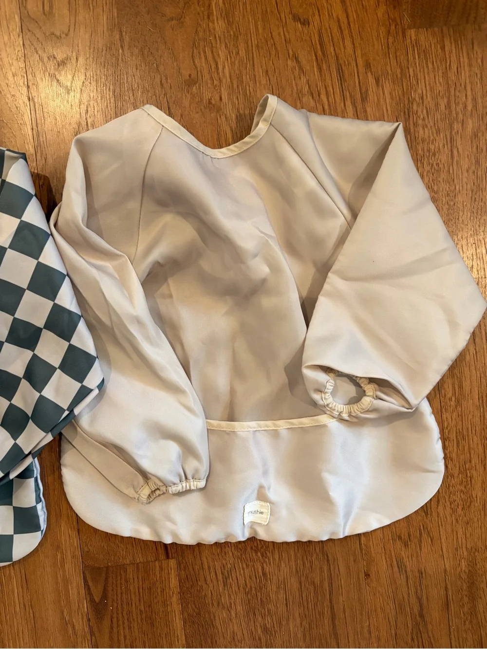 Like New Mushie Long Sleeve Baby Bibs - Teal, Checkerboard, Cream